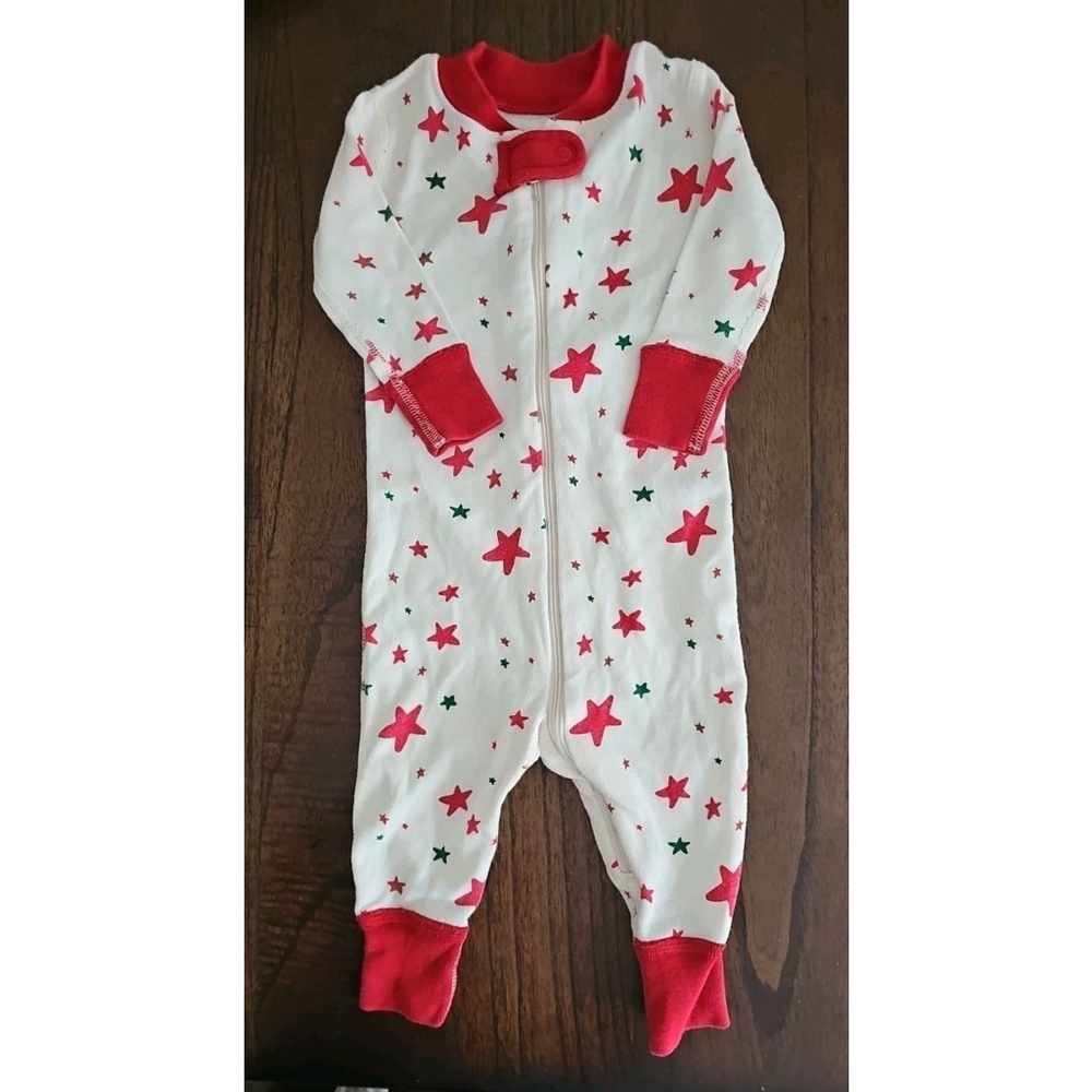 Infant Hanna Andersson Zip Up Footless Pajamas Outfit Red Green Stars sz 3-6M